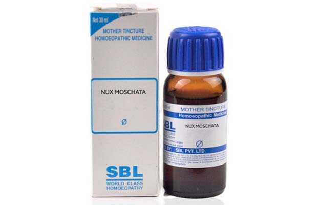 A 30 ml bottle of Nux Moschata homeopathic mother tincture next to its packaging, labeled as SBL.
