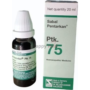 A 20 ml bottle of Sabal Pentarkan homeopathic medicine alongside its box, labeled with dosage information and made in Germany.