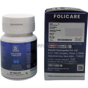 Container of Folicare Tablets from Burnett Homeopathy Pvt. Ltd. designed to support hair loss prevention and strengthen hair; includes dosage information and manufacturing details.