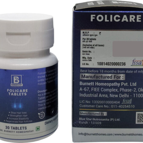 Folicare Tablets: Dietary Supplement for Hair Health Container of Folicare Tablets from Burnett Homeopathy Pvt. Ltd. designed to support hair loss prevention and strengthen hair; includes dosage information and manufacturing details.
