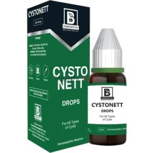 A bottle of Cystonett homeopathic drops with a green and white label, placed next to its box packaging, promoting healing for all types of cysts.