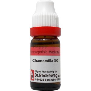 A bottle of Chamomilla 30 homeopathic medicine, featuring a brown glass design and a red cap, labeled with product details from Dr. Reckeweg.
