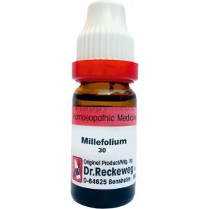 A bottle of Millefolium 30 homeopathic medicine from Dr. Reckweg, featuring a brown glass container and a white dropper cap with a red ring.