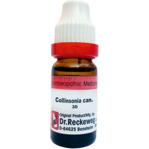 Brown glass bottle of homeopathic remedy labeled "Collinsonia can. 30," manufactured by Dr. Reckeweg.