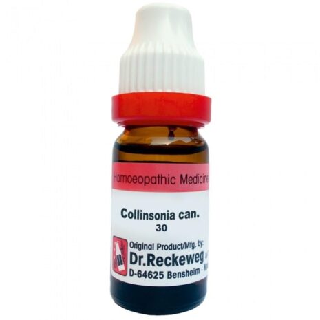 Brown glass bottle of homeopathic remedy labeled "Collinsonia can. 30," manufactured by Dr. Reckeweg.