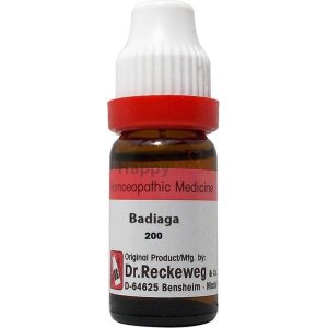 A bottle of homeopathic medicine labeled Badiaga 200, manufactured by Dr. Reckeweg & Co.