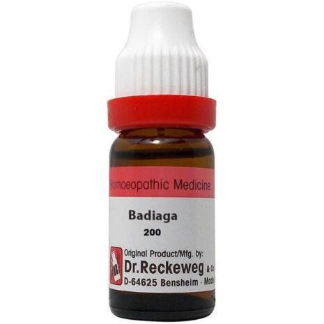 A bottle of homeopathic medicine labeled Badiaga 200, manufactured by Dr. Reckeweg & Co.