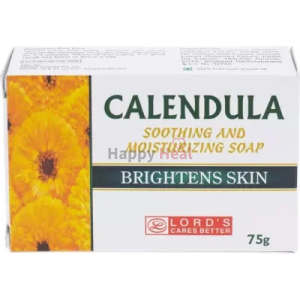 A 75g soap box featuring bright yellow calendula flowers with text highlighting its skin-brightening properties.