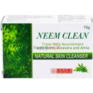 Box of Neem Clean soap featuring natural ingredients like neem, aloe vera, and amla, highlighting its herbal nourishment for healthy skin.
