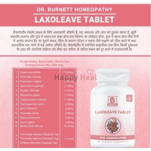 Label showing the formulation and benefits of Dr. Burnett's Laxoleave Tablet for constipation, including ingredients and dosage details.