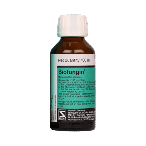 Brown glass bottle of Biofungin homoeopathic medicine with detailed labeling and dosage instructions.