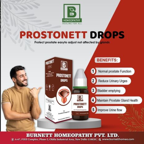 Product image featuring Prostonett Drops, highlighting its benefits for prostate health and urinary function.