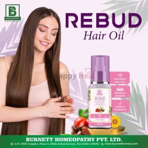 A woman with long, shiny hair applying REBUD Hair Oil, which claims to prevent hair fall, enable growth, and enhance shine and strength.