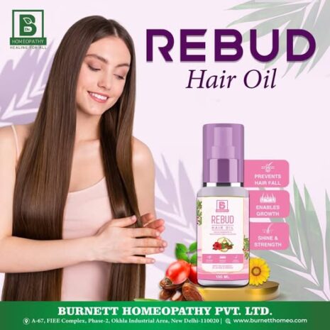 A woman with long, shiny hair applying REBUD Hair Oil, which claims to prevent hair fall, enable growth, and enhance shine and strength.