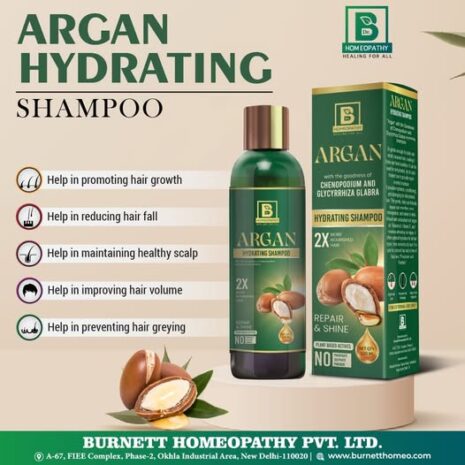 Argan Hydrating Shampoo: Benefits for Healthy Hair::A visually appealing image showcasing Argan Hydrating Shampoo by Burnett Homeopathy, highlighting its benefits for hair growth, volume, and scalp health.