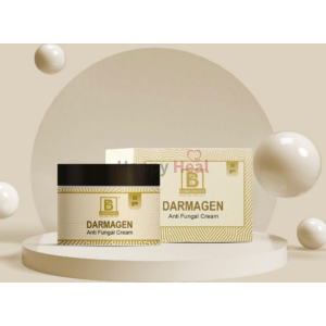 A stylish product shot featuring Darmagen Anti Fungal Cream jar and box on a minimalist background with decorative spheres.
