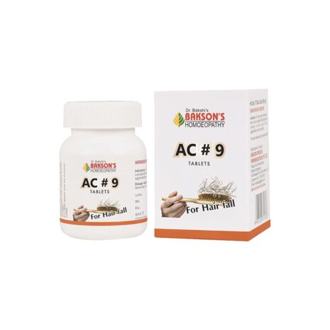 51AxhN5zvVL.jpg AC #9 Hair Fall Tablets::A bottle and box of AC #9 homeopathic tablets for reducing hair fall, featuring a hairbrush and natural ingredients on the packaging.