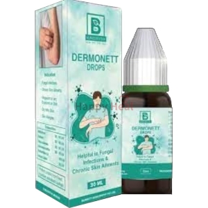 A bottle of DERMONETT Drops with packaging, designed to treat fungal infections and chronic skin ailments.