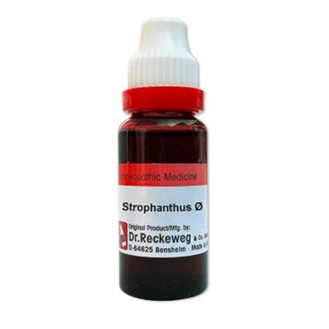 A clear bottle containing Strophanthus homeopathic medicine with a red cap and label, featuring the manufacturer's information.