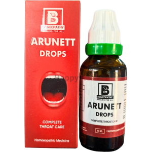 A bottle of Arunett Drops with a red box, labeled "Complete Throat Care," featuring a graphic of an open mouth on the packaging, highlighting its homeopathic nature.