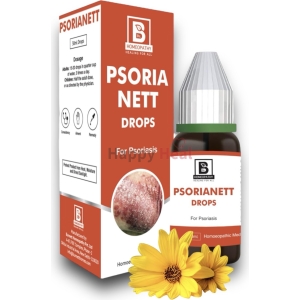 A bottle of PSORIANETT drops alongside its packaging, emphasizing its use for treating psoriasis, with decorative yellow flowers in the foreground.
