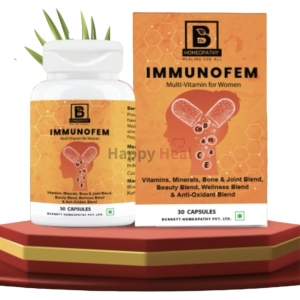 Bottle of Immunofem capsules with package highlighting vitamins and minerals, suitable for women's health.