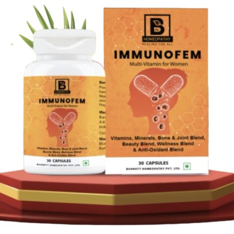 Bottle of Immunofem capsules with package highlighting vitamins and minerals, suitable for women's health.