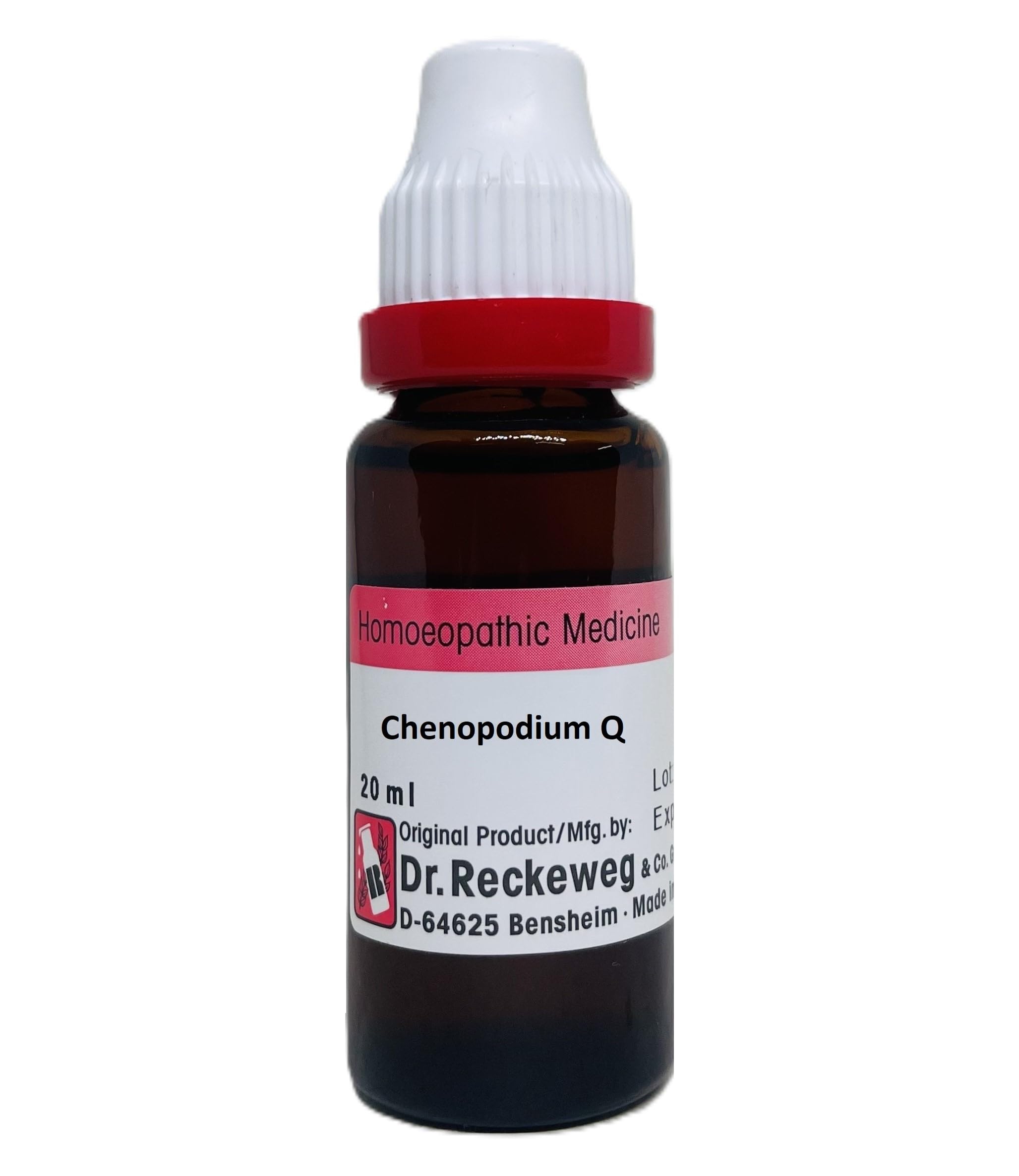 A 20 ml brown glass bottle labeled as Chenopodium Q, a homoeopathic medicine, manufactured by Dr. Reckweg.