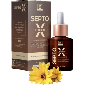 A bottle of SEPTO X Lotion beside its packaging, highlighting its benefits for skin regeneration and melanin production, accompanied by yellow flowers.
