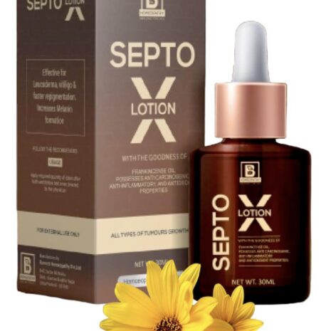 A bottle of SEPTO X Lotion beside its packaging, highlighting its benefits for skin regeneration and melanin production, accompanied by yellow flowers.