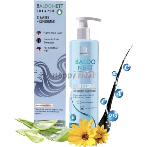 A bottle of Baldonett shampoo next to its packaging, highlighting benefits like fighting hair loss and preventing breakage, with aloe vera and flowers in the foreground.