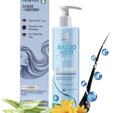 A bottle of Baldonett shampoo next to its packaging, highlighting benefits like fighting hair loss and preventing breakage, with aloe vera and flowers in the foreground.