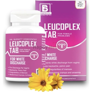 A bottle of Leucoplex tablets for female problems, designed to address white discharge and related symptoms, accompanied by a vibrant flower.