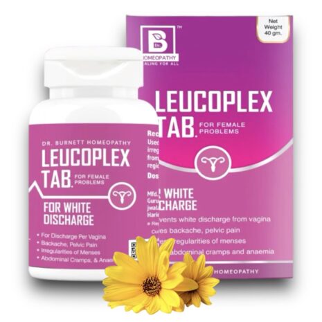 A bottle of Leucoplex tablets for female problems, designed to address white discharge and related symptoms, accompanied by a vibrant flower.