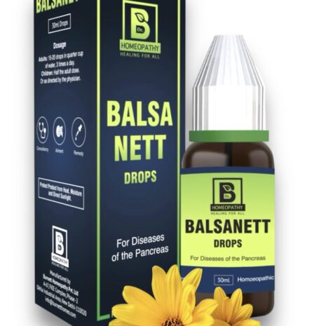 A 30ml bottle of BALSANETT homeopathic drops displayed alongside a yellow flower, with packaging detailing usage instructions and benefits for pancreatic diseases.