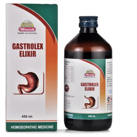 A 450 ml bottle of Gastrolex Elixir with packaging displaying a stomach graphic and information about the product's use as a homeopathic remedy.