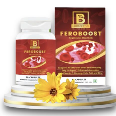 A bottle and box of Feroboost capsules, with text highlighting benefits for iron levels and immunity, surrounded by a yellow flower on a reflective surface.