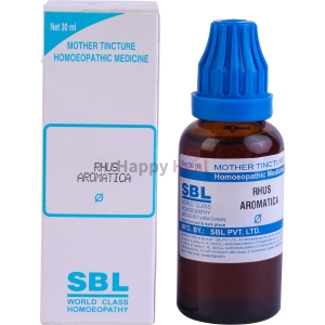 A bottle of SBL Rhus Aromatica mother tincture with packaging, showcasing its contents and label details.