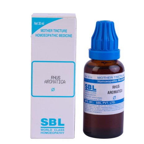 SBL Rhus Aromatica Mother Tincture 30ml A bottle of SBL Rhus Aromatica mother tincture with packaging, showcasing its contents and label details.