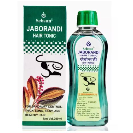 Sebsun Jaborandi Hair Tonic:: A bottle of Sebsun Jaborandi Hair Tonic for dandruff control, featuring a green and white box with herbal illustrations and text.