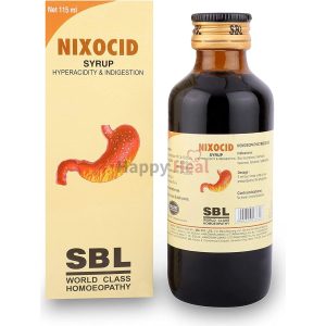 A bottle of Nixocid syrup with its packaging, designed to alleviate hyperacidity and indigestion, showcasing a stomach graphic on the label.
