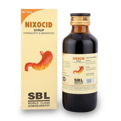 A bottle of Nixocid syrup with its packaging, designed to alleviate hyperacidity and indigestion, showcasing a stomach graphic on the label.