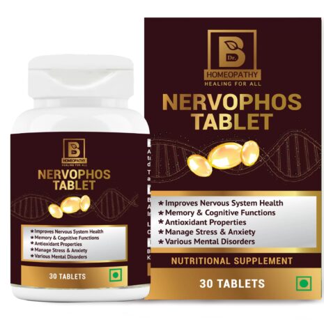 Bottle of Nervophos tablets featuring nutritional benefits for memory, cognitive functions, stress management, and various mental disorders.