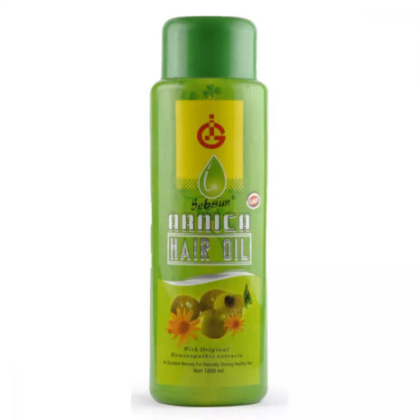 Green bottle of Sebsun Arnica Hair Oil, 1000 ml, with a label highlighting its benefits for naturally healthy and shiny hair.