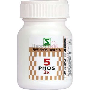 A bottle of homeopathic medicine containing Five Phos tablets, labeled with dosage and information.