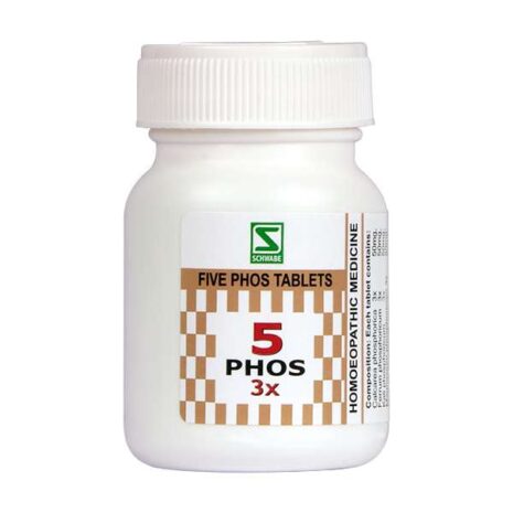 A bottle of homeopathic medicine containing Five Phos tablets, labeled with dosage and information.