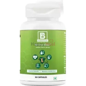 Bottle of Re Start Elixir herbal capsules featuring health icons and green packaging, labeled for immune health and overall wellness.