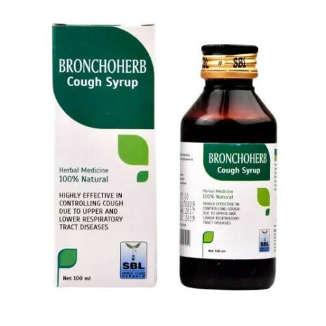 A bottle of Bronchoherb Cough Syrup (100 ml) with a green and white box, highlighting its herbal and natural properties for treating respiratory issues.