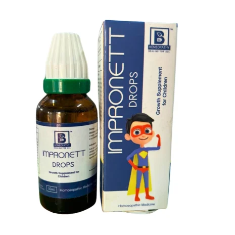 A bottle and box of Impronett Drops, a homeopathic growth supplement for children, featuring a cartoon superhero character on the packaging.
