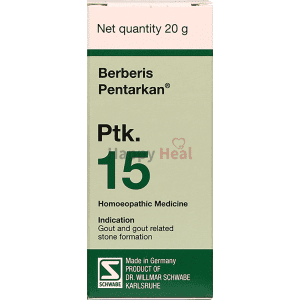 A box of Berberis Pentarkan homeopathic medicine, containing 20g, indicated for gout and stone formation.